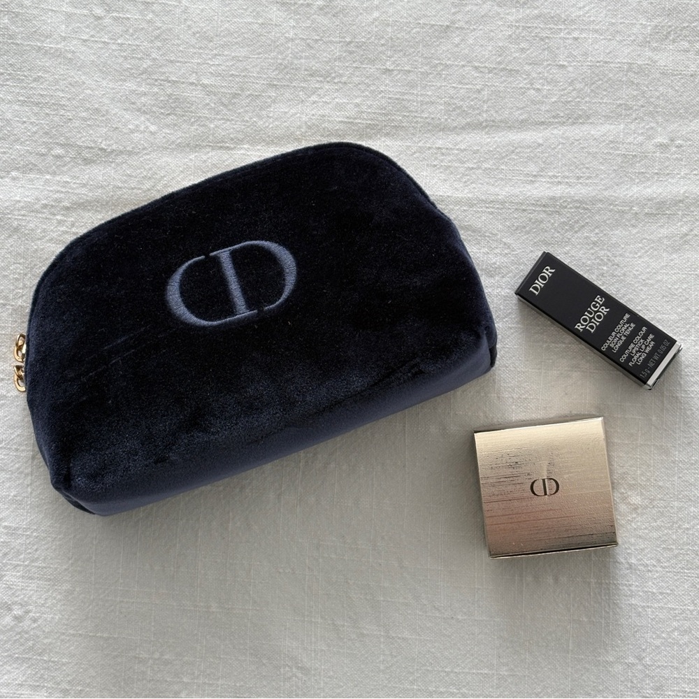 Dior Navy Velvet Beauty Pouch | Dior Prestige La Crème | Rouge Dior Lipstick - Picture 4 of 9